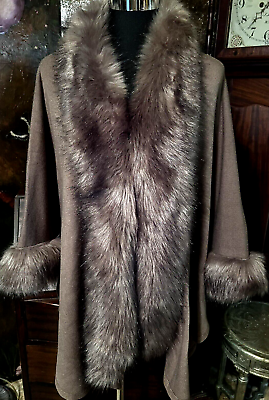 #ad NWT Dolce Cabo Faux Fur Trimmed Mocha Color Cape Soft Cozy Size S M Front Hook $49.99