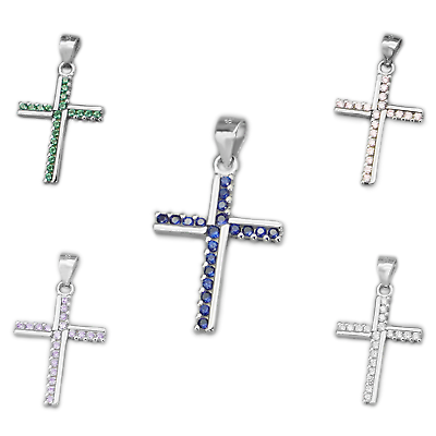 #ad Sterling Silver Half CZ Paved Christian Cross Pendant Necklace Choice of Colours $15.67
