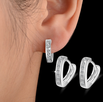 #ad Women 925 Sterling Silver Plated CZ Heart Huggie Hoop 15mm 10mm Earrings I104 $4.95