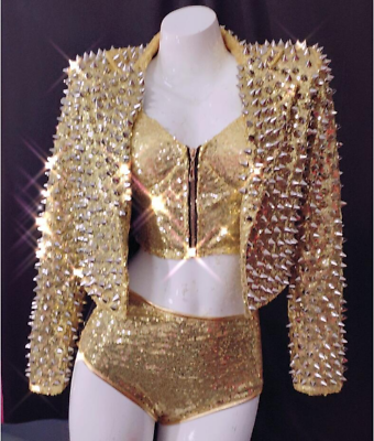 #ad 2 Color Sparkly Rivets Sequins Jacket Bra Short Birthday Outfit Costume Outfit $348.21