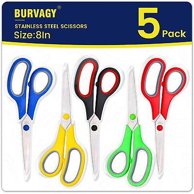 #ad Scissors Set of 5 Pack 8 Scissors All Purpose Comfort Grip Handles Sharp Sciss $9.91