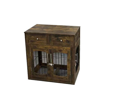 #ad Rustic Brown Dog Crate Furniture 3 Doors Dog Furniture with 2 Drawers Dog Cage $202.01