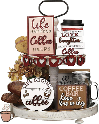 #ad 10 Pieces Coffee Tiered Tray Decor Rustic Wooden Coffee Bar Signs Wood Coffee Ba $18.38
