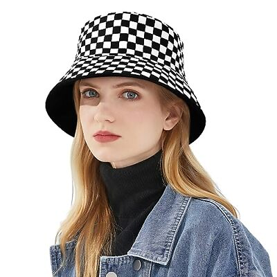 #ad Black White Plaid Bucket Hats for Women Trendy Checks Gingham Print Fisherman... $17.80