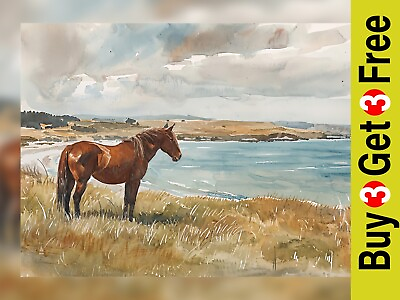 #ad Equestrian Seaside View Watercolor Print 5quot; x 7quot; Horse Coastal Landscape Art GBP 4.99