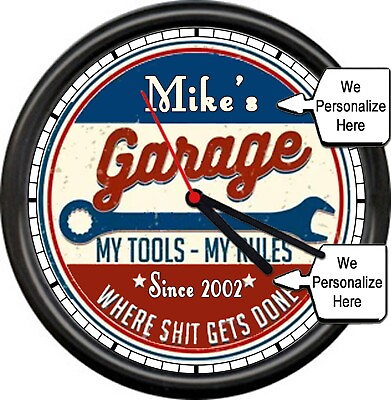 #ad Personalized Your Name amp; Date Garage Mechanic Tools Funny Gift Sign Wall Clock $26.95