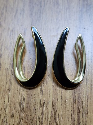 #ad Vintage Trafari Black Enamel Gold Tone Open Upside U Stud Pierced Earrings $18.99
