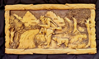 Wooden Wall Handcarved Hunter Picture 3D Sculpture Art Man Dog 30quot; Country LARGE $249.99