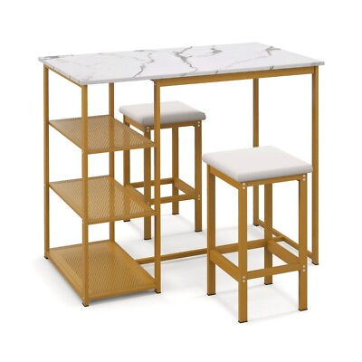#ad 3 PCS Gold Bar Dining Table 2 Stool Set 3 Tier Breakfast Table W Storage Shelves $138.96