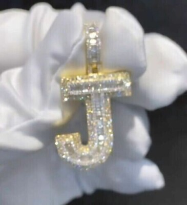 #ad Real Moissanite Men#x27;s 2.3Ct Baguette J Initial Pendant Yellow Gold Plated Silver $98.07