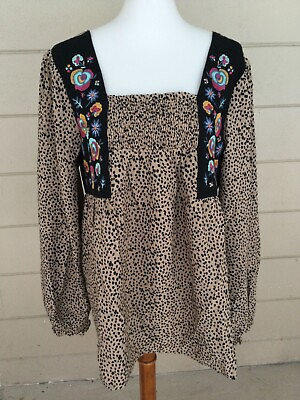 #ad Oddi Floral Embroidery Blouse Black Dot Print Top Size Large Taupe Long Sleeve $29.87