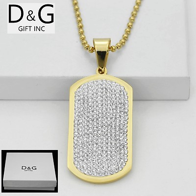 DG Men#x27;s Stainless SteelGold 53mm DOG TAGSStone Pendant 30quot; Ball Chain*BOX $19.98