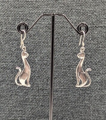 #ad Vintage Sterling Silver Cat Female Slim Sleek Hook Dangle 925 Earrings 2quot; $30.59