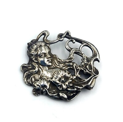 #ad Art Nouveau Lady Woman Profile Swirled Hair Flowers Sterling Silver Brooch Pin $155.00