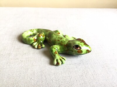#ad Vintage Hand Painted Ceramic Green Brown Speckled Gecko Lizard Figurine 5quot; Long $17.49