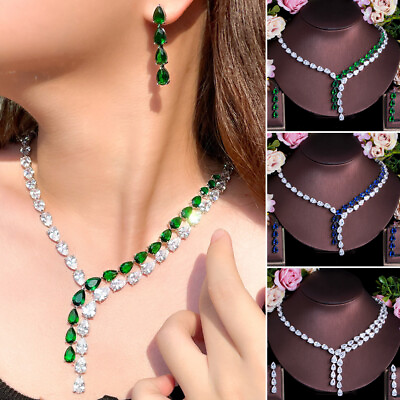 #ad Zircon Crystal Necklace Earrings Women Bridal Wedding Party Fashion Jewelry Set $31.94