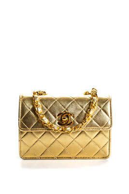 #ad Chanel Womens Mini Metallic Quilted Turnlock Flap Bag Crossbody Handbag Gold $3099.99