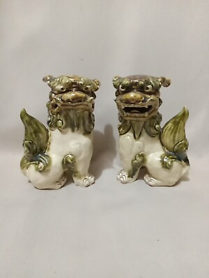 #ad Pair of Vintage Chinese FOO DOGS Glazed Ceramic Sculptures $175.00