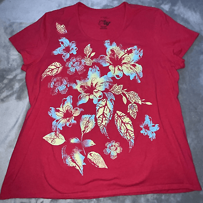 #ad JMS Womens Shirt Size 2X Red Floral Short Sleeve Cotton Hanes Tropical Sparkle $19.00
