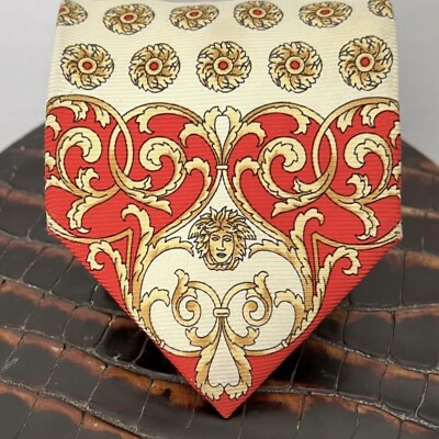 #ad Gianni Versace Medusa Baroque Silk Tie Made In Italy Red Gold Tan Cream Vintage $225.00