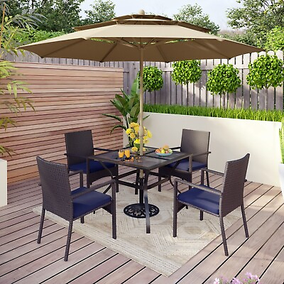 #ad Patio Dining Set with Outdoor Umbrella Rattan Chairs Set of 4 Metal Table Square $499.99