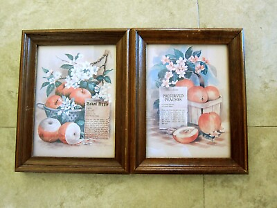#ad Vintage Baked Apple amp; Preserved Peaches Recipe Wood Framed set $3.00