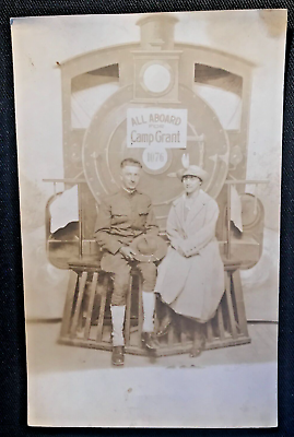 #ad RPPC ARMY SOLDIER with lady ALL ABOARD CAMP GRANT photo prop c. WWI $9.50