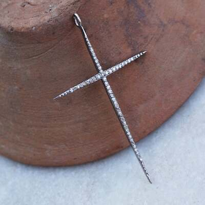 #ad 925 Sterling Silver Cross Charm Pave Diamond Sleek Pendant High Finish Quality $120.17