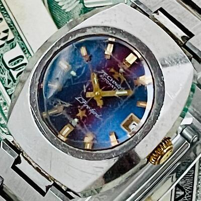 #ad Junk TECHNOS FIRE BIRD Vintage Watch Automatic Blue 24mm Cut Glass Arm 15.5cm $69.00