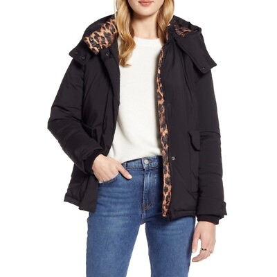 #ad Halogen Black Puffer Winter Coat Removable Hood Leopard Contrast Women Small NEW $49.27