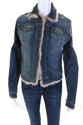 #ad Allen B. By Allen Schwartz Womens Cotton Rabbit Fur Trim Jacket Blue Size S $42.69
