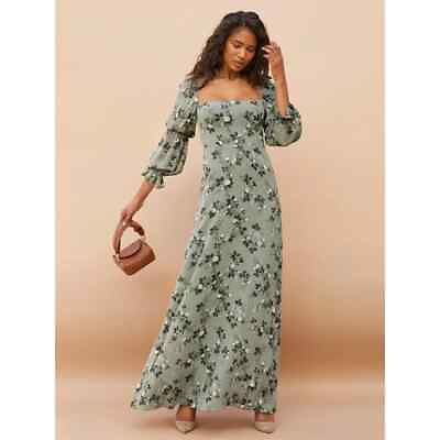 #ad Reformation Floral Maxi Dress Stars in Verde Square Neck Green Womens 4 NEW $90.00