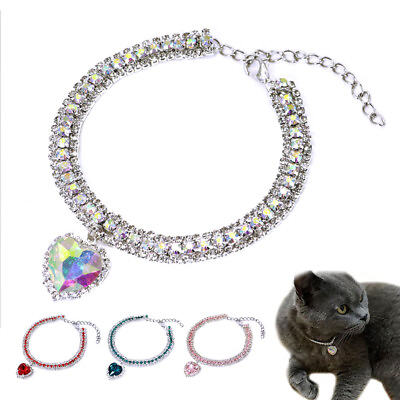 Rhinestone Bling Dog Cat Puppy Necklace Collar Jewelry Diamond w Heart Pendant $7.99