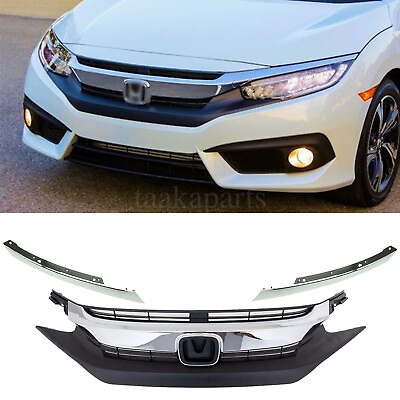 #ad #ad Front Bumper Grille Grill W Chrome Eyelid Molding For 2016 18 Honda Civic Sedan $75.99