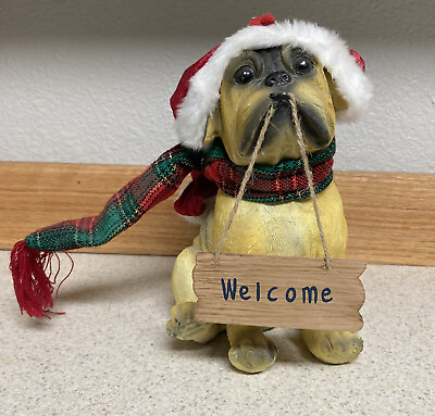 #ad Christmas Dog in a Santa Hat Figurine Bulldog Holding Welcome Sign 7” Read 👇 $3.00