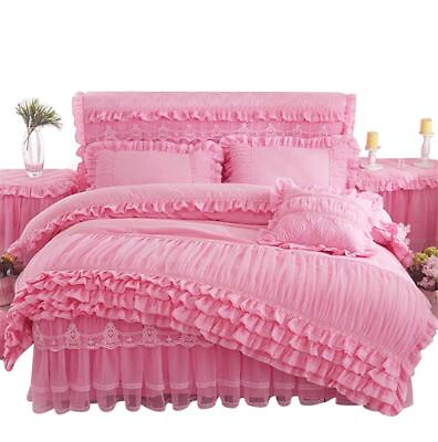 #ad Lotus Karen Pink Princess Duvet Cover Set Queen Size Ruffles with Lace Beddin... $97.32