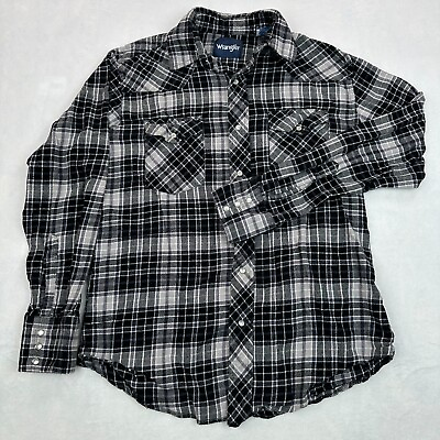 #ad Wrangler Mens Pearl Snap Flannel Shirt Medium Black Long Sleeve Plaid Retro $24.88