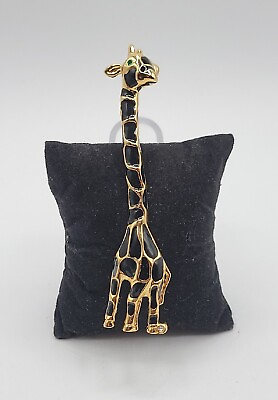 #ad Vintage Enamel Giraffe Brooch Pin Gold Tone Black Spots Green Rhinestone Eye $40.00
