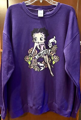 #ad Brisco Betty Boop Roses Crew Neck Fleece Pullover Sweatshirt Size XL Purple New $34.95