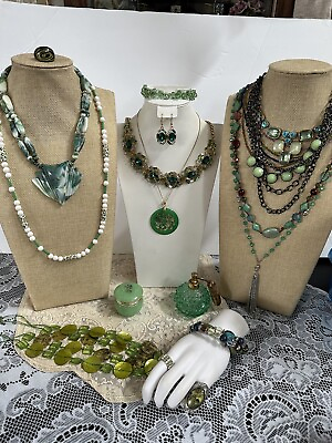 #ad Vintage Jewelry Lot Green Tones Trifari Stones Statement Perfume Bottle 19 Pc $87.00