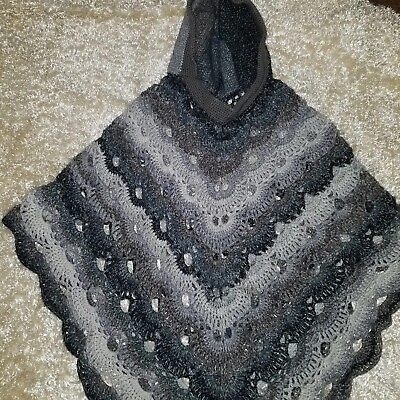 #ad Handmade Hooded Poncho Greys Black Brown Neutral Colors Very Nice 37quot; W X 37L $28.00