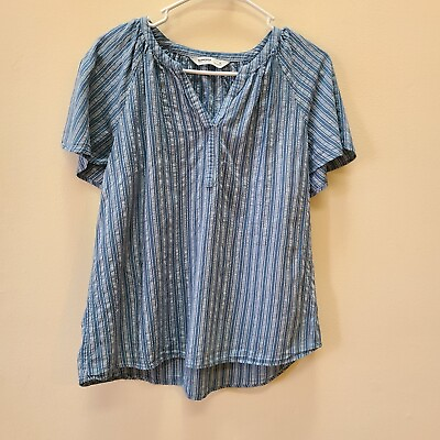 #ad Sonoma Womens Petite Large Blouse Top Short Sleeve Pullover Blue Striped $12.80