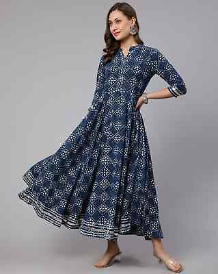 #ad Indian Women Blue Cotton Floral Printed Anarkali Kurta Kurti Long Flared Dress $27.99