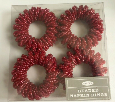 #ad Napkin Rings Holiday Fully Beaded Beautiful Set of 4 Red Christmas 4th Of July $21.50