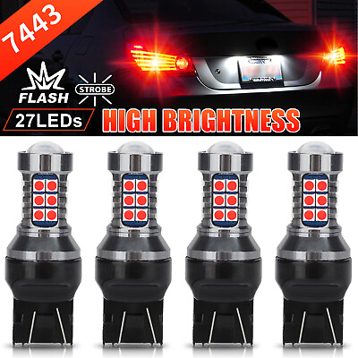 #ad 4x 7443 7440 LED Strobe Flashing Brake Stop Tail Parking Light Bulbs Bright Red $11.48
