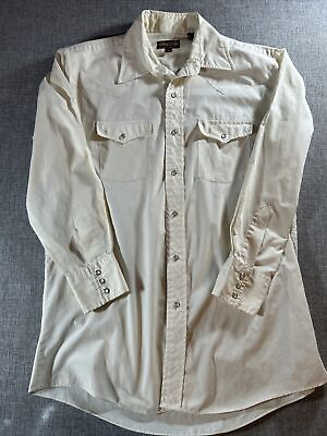 #ad Vintage Sheplers Shirt M 16.5x33 Pearl Snap Weather Long Sleeve Off White Rodeo $10.99
