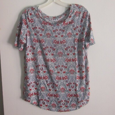 #ad Loft LINEN Tee Womens Size M Short Sleeve Floral Summer Casual Red Blue Shirt $25.00