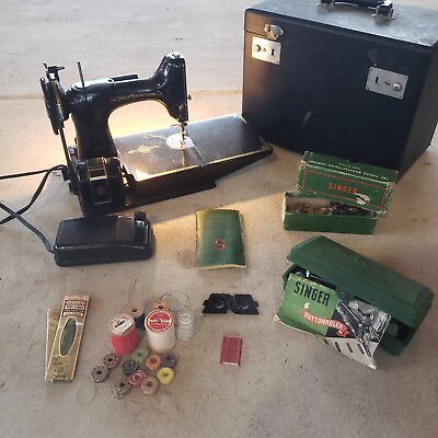 #ad Singer 221 1 Portable Electric Sewing Machine Featherweight 1946 Vintage W Box $629.83