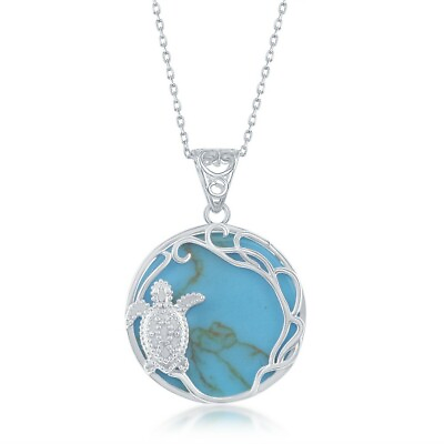 #ad Sterling Silver Round Turquoise with Turtle Pendant $47.71