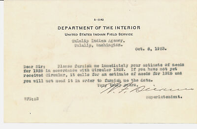 #ad VINTAGE 1923 SIGNED TULALIP INDIAN AGENCY LETTER REQUEST FOR ESTIMATE OF NEEDS $5.95